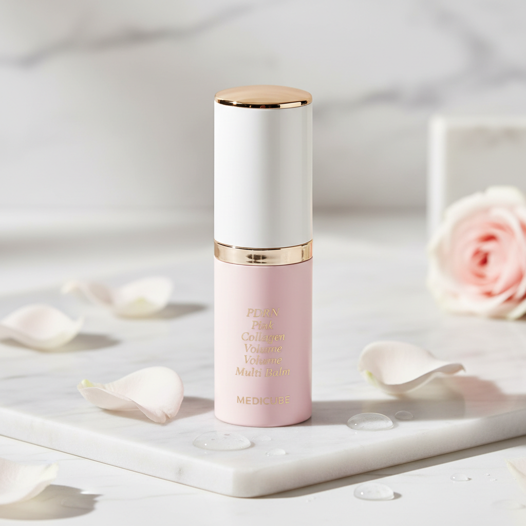 Medicube PDRN Pink Collagen Volume Multi Balm on marble surface with rose petals